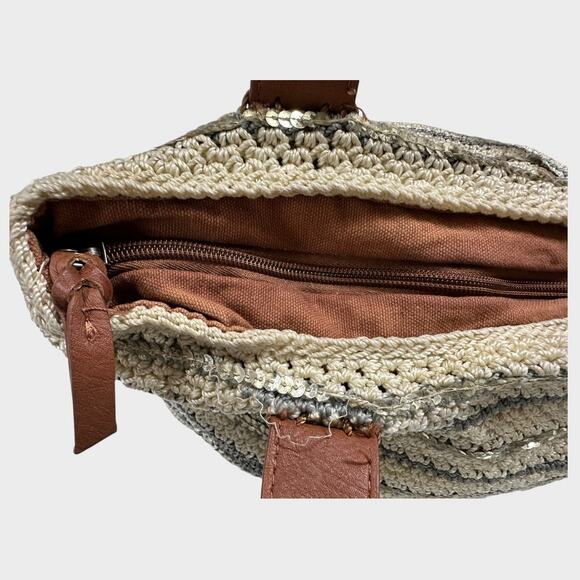 THE SAK BAG Large Zipper Crocheted Leather Trim Cream Gray - Picture 15 of 16